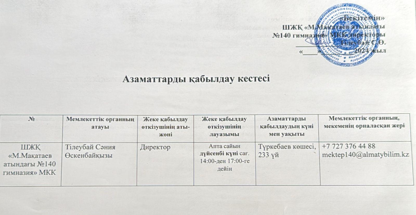 АЗАМАТТАРДЫ ҚАБЫДАУ КЕСТЕСІ