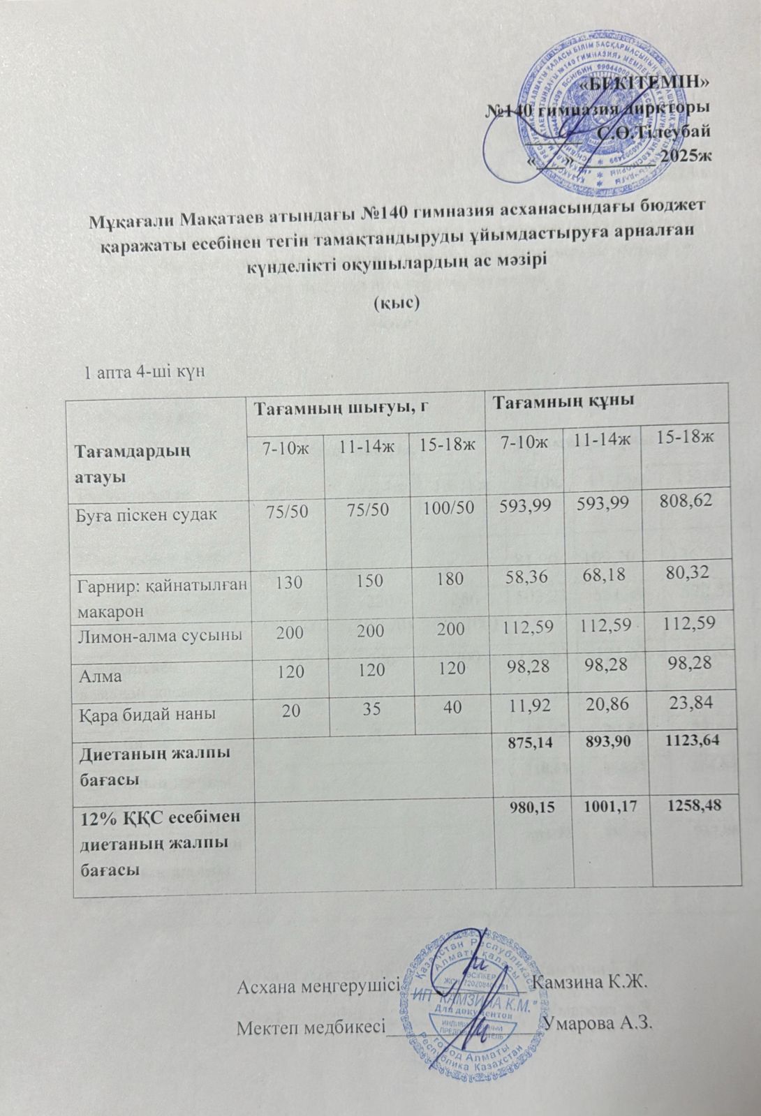 Күнделікті ас мәзірі