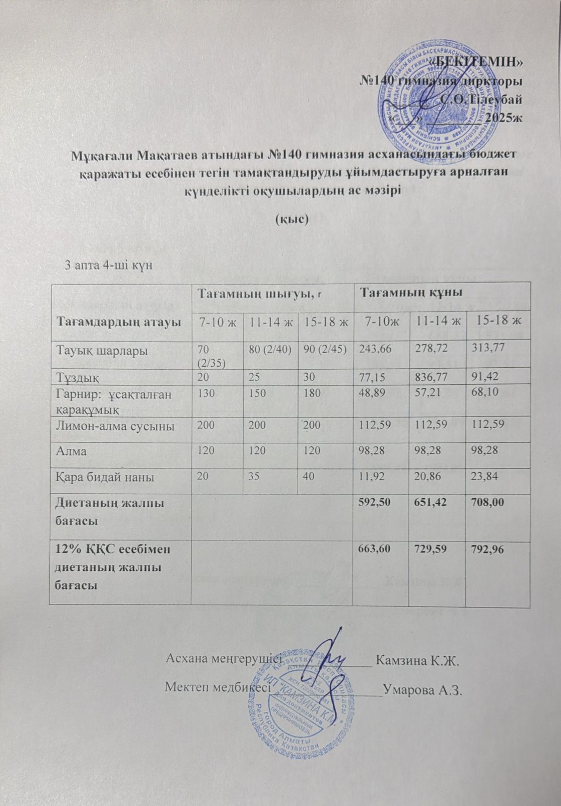 Күнделікті ас мәзірі